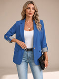 Women's Soft-Tailored Blazer with Striped Roll-Up Cuffs - Blue