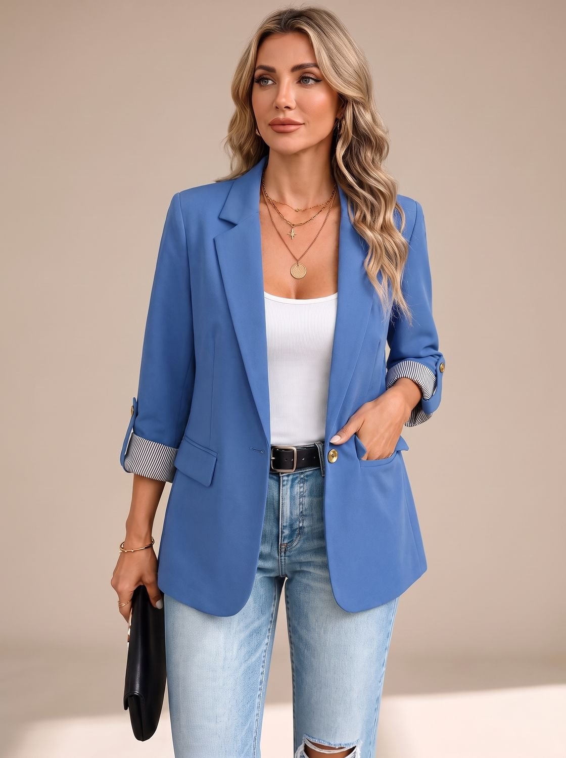 Women's Soft-Tailored Blazer with Striped Roll-Up Cuffs