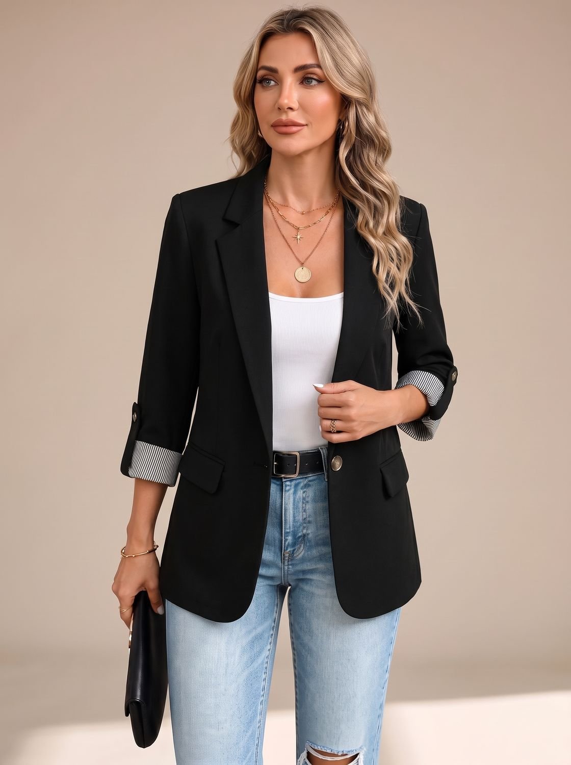 Women's Soft-Tailored Blazer with Striped Roll-Up Cuffs - Black