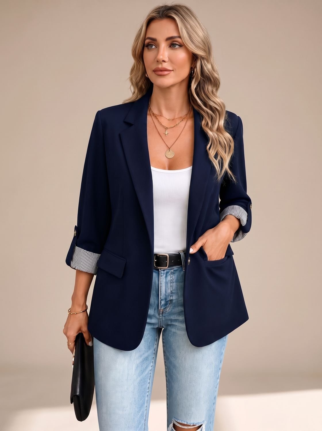 Women's Soft-Tailored Blazer with Striped Roll-Up Cuffs - Navy Blue