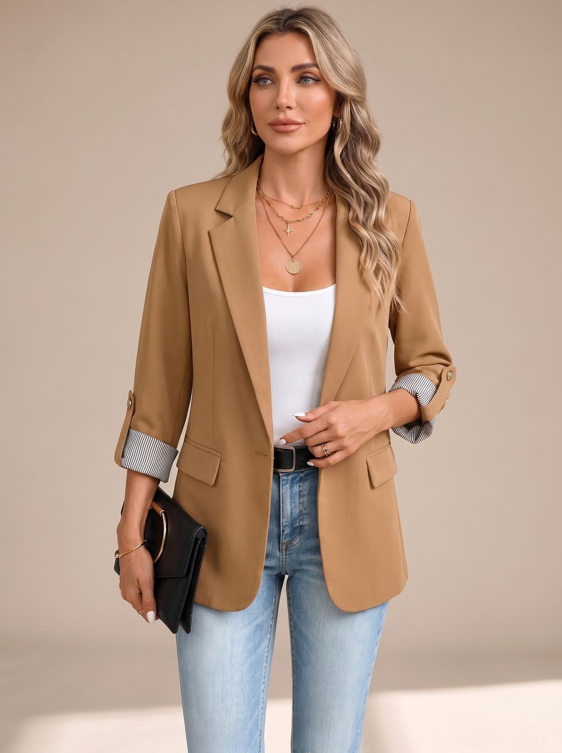 Women's Soft-Tailored Blazer with Striped Roll-Up Cuffs - Brown