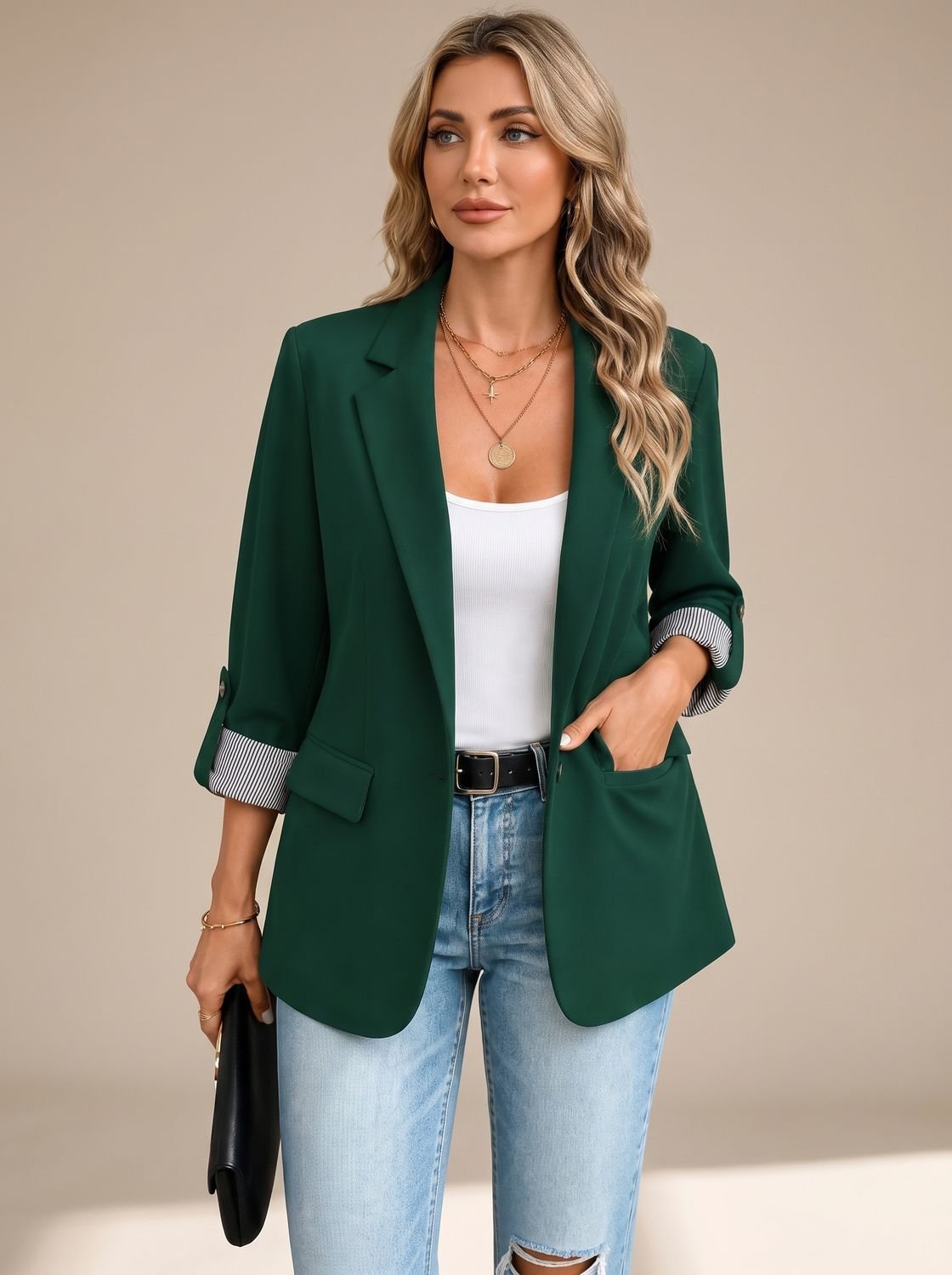 Women's Soft-Tailored Blazer with Striped Roll-Up Cuffs - Dark Green