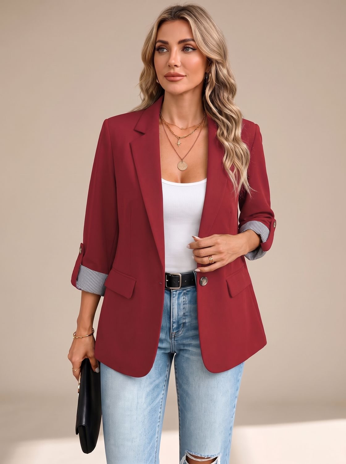 Women's Soft-Tailored Blazer with Striped Roll-Up Cuffs - Red