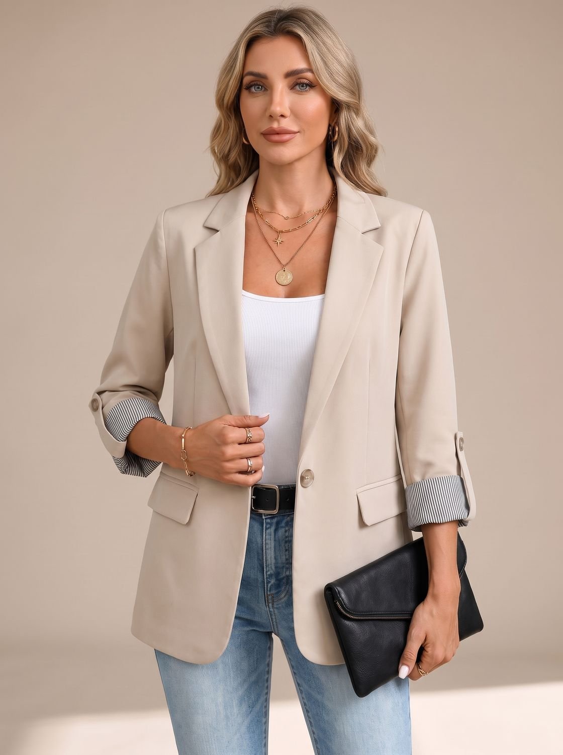 Women's Soft-Tailored Blazer with Striped Roll-Up Cuffs - Apricot