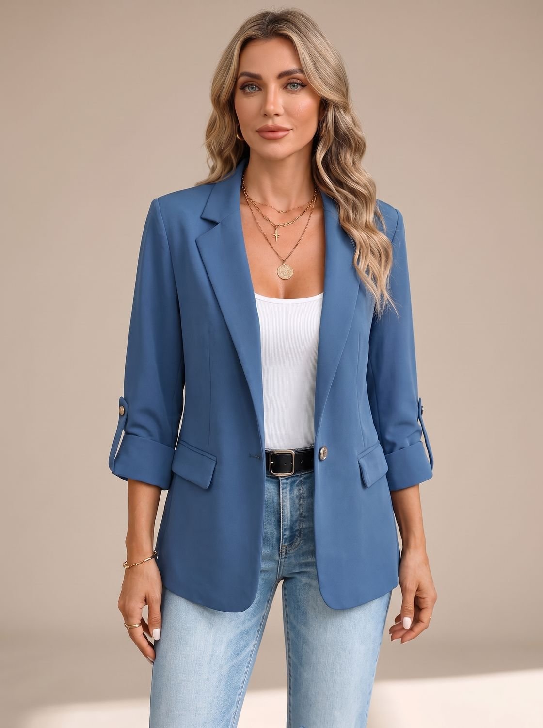 Women's Soft-Tailored Blazer with Striped Roll-Up Cuffs - Blue Plain Sleeve