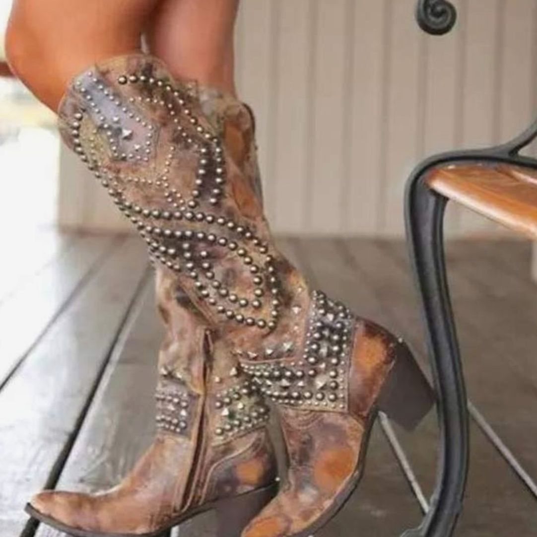 Women's Studded Pointed-Toe Knee-High Cowboy Boots - Brown