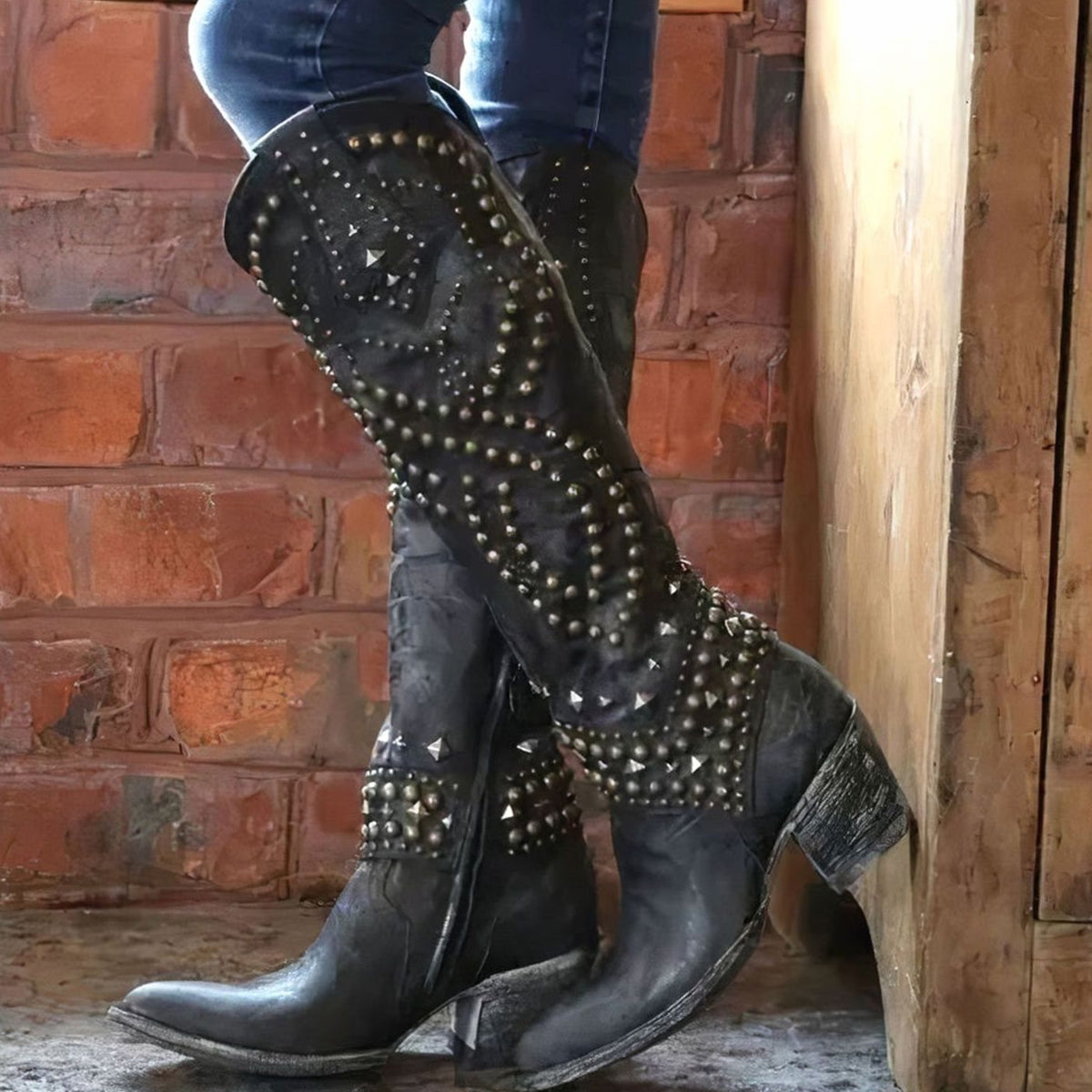 Women's Studded Pointed-Toe Knee-High Cowboy Boots - Black