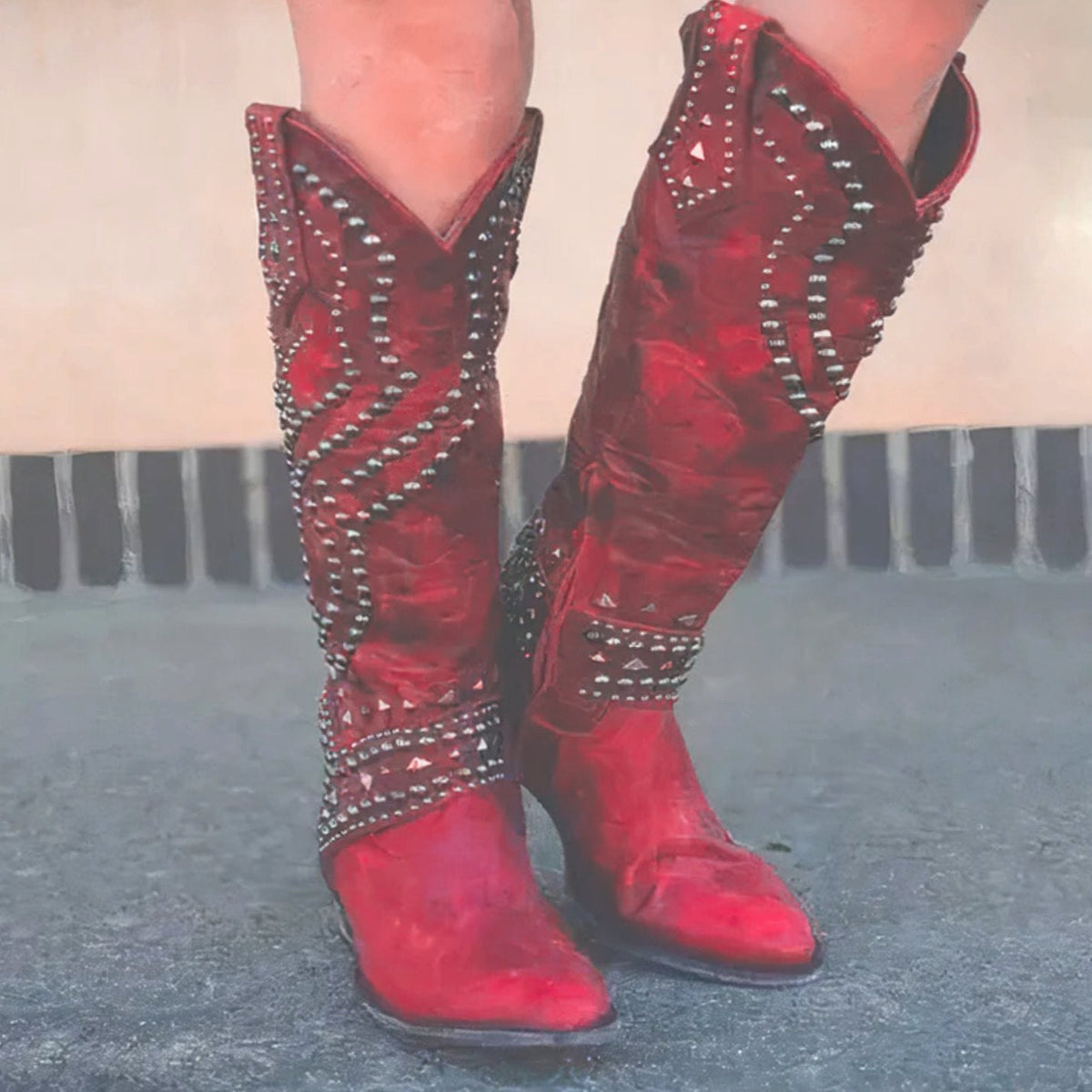 Women's Studded Pointed-Toe Knee-High Cowboy Boots - Red