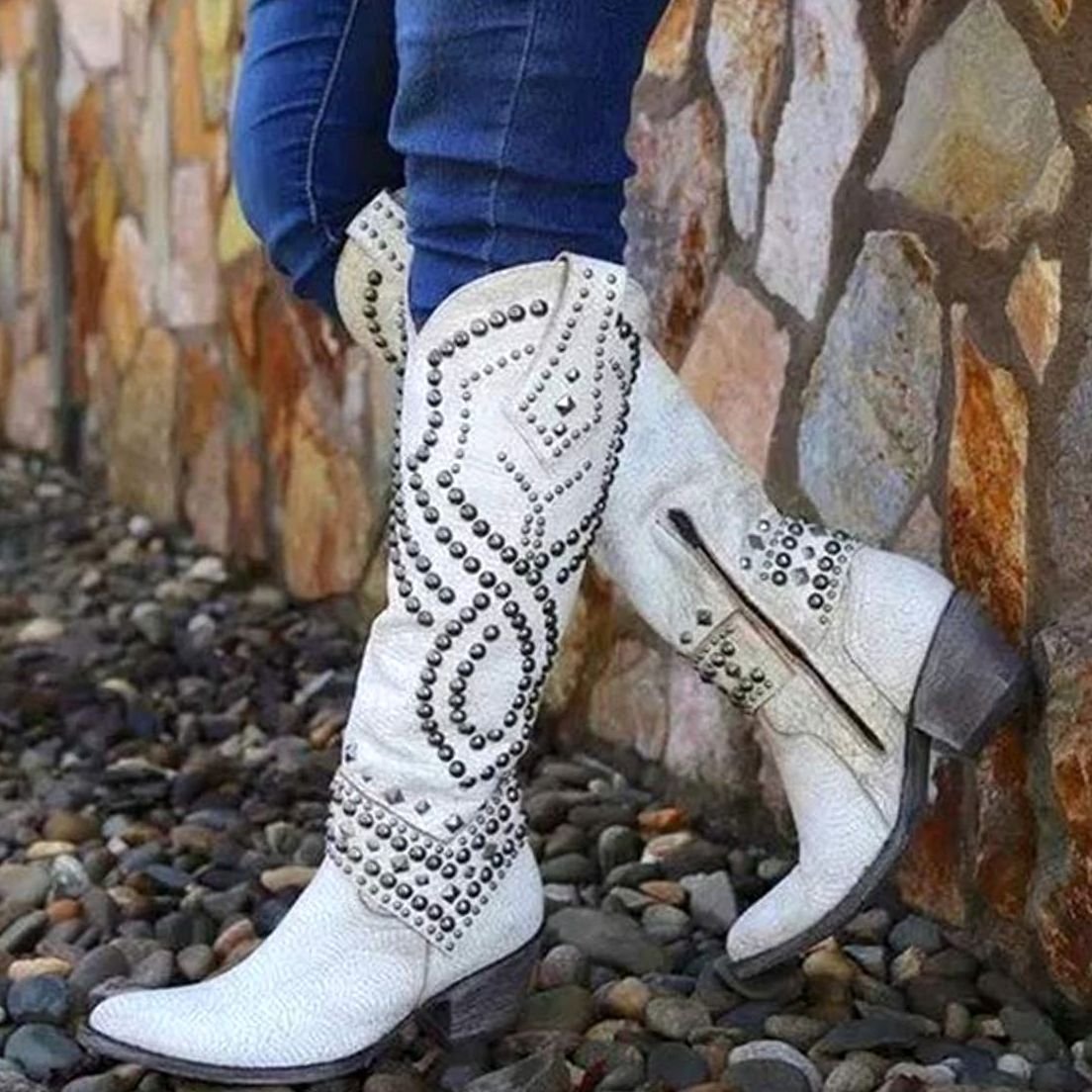 Women's Studded Pointed-Toe Knee-High Cowboy Boots - White