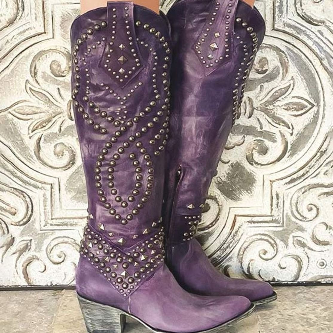 Women's Studded Pointed-Toe Knee-High Cowboy Boots - Purple