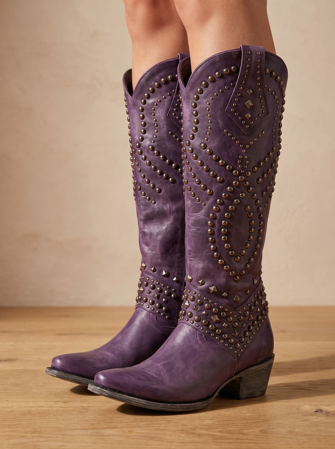 Women's Studded Pointed Toe Knee-High Cowboy Boots - Purple