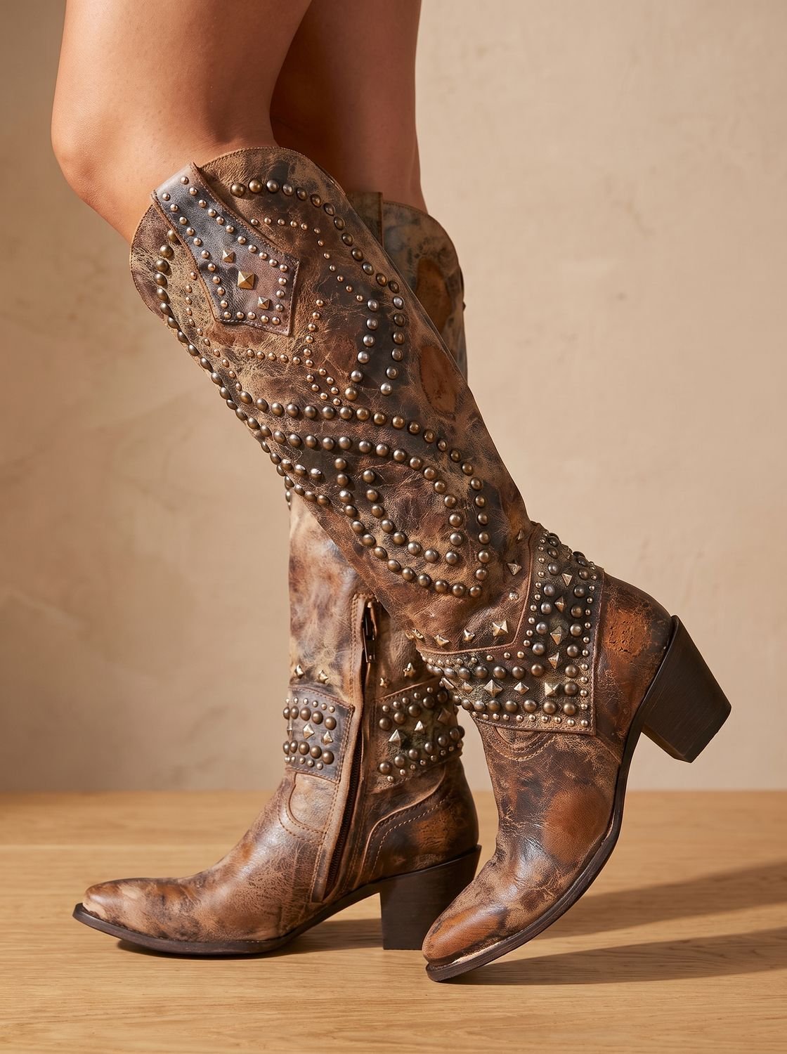 Women's Studded Pointed Toe Knee-High Cowboy Boots - Brown