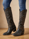 Women's Studded Pointed Toe Knee-High Cowboy Boots - Black