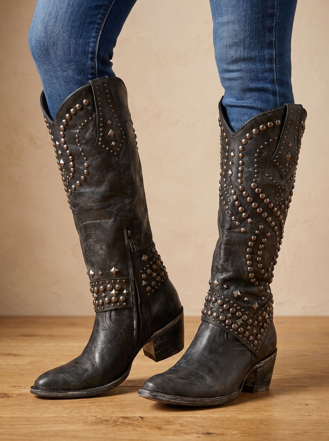 Women's Studded Pointed Toe Knee-High Cowboy Boots - Black