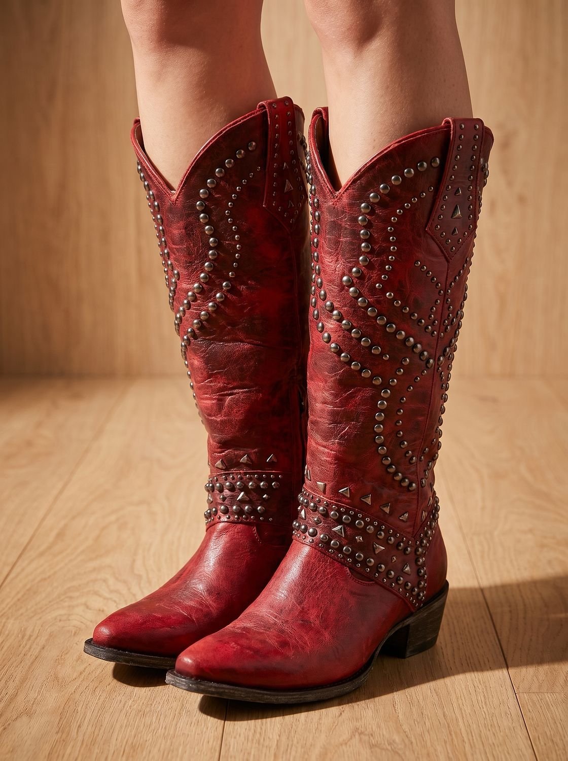 Women's Studded Pointed Toe Knee-High Cowboy Boots - Red