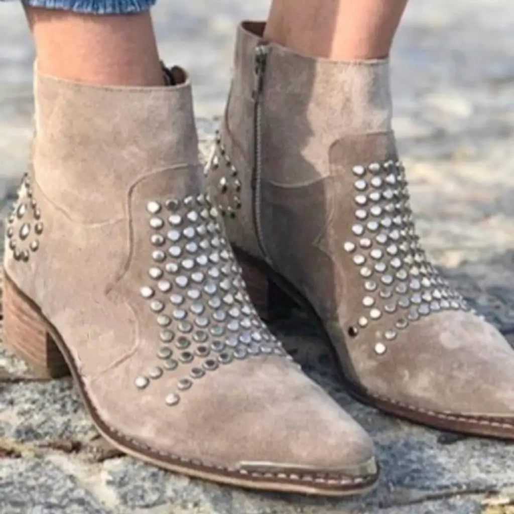 Women's Studded Suede Side-Zip Block-Heel Ankle Boots