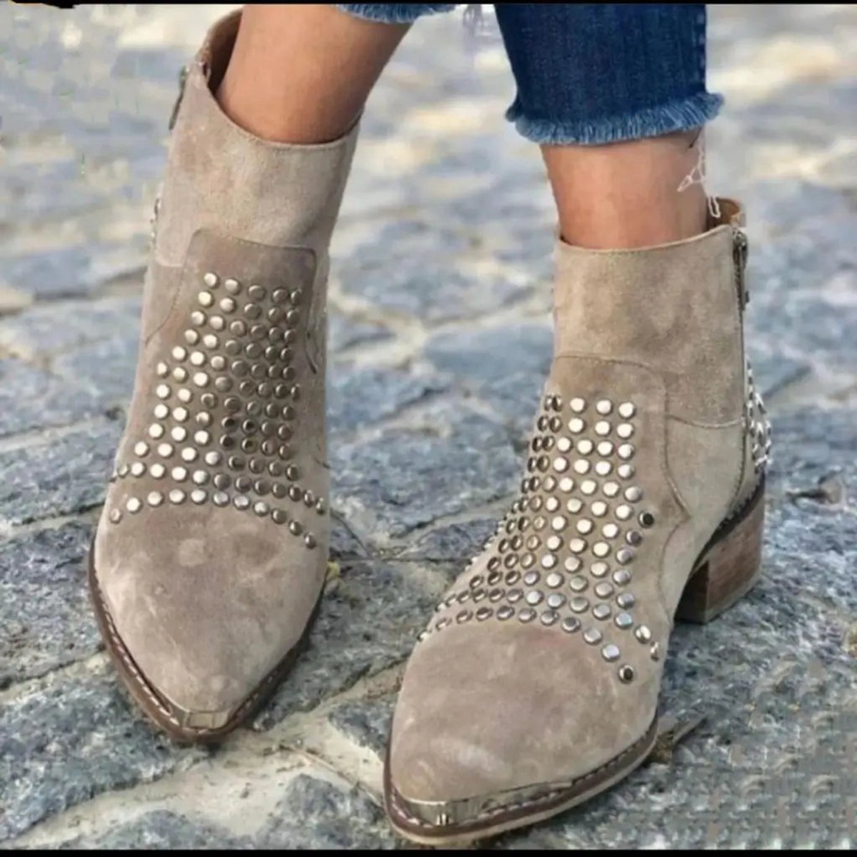 Women's Studded Suede Side-Zip Block-Heel Ankle Boots