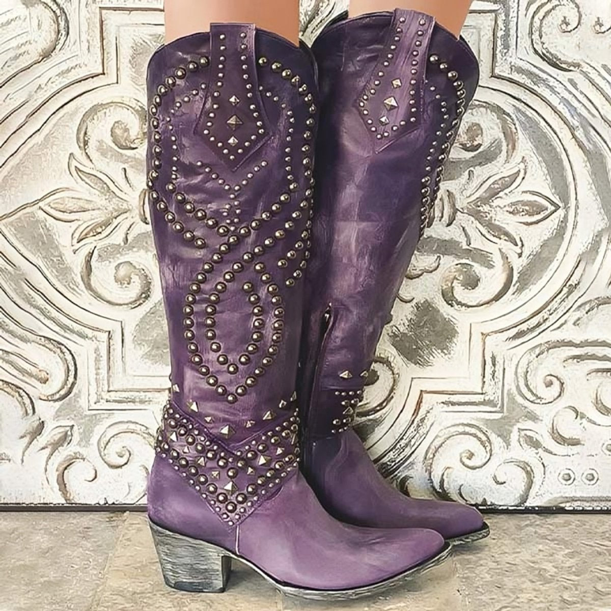 Women's Studded Western Knee High Boots Block Heel Pointed Toe