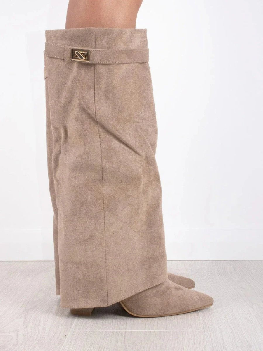 Women's Suede Fold-Over Knee-High Boots Gold Clasp