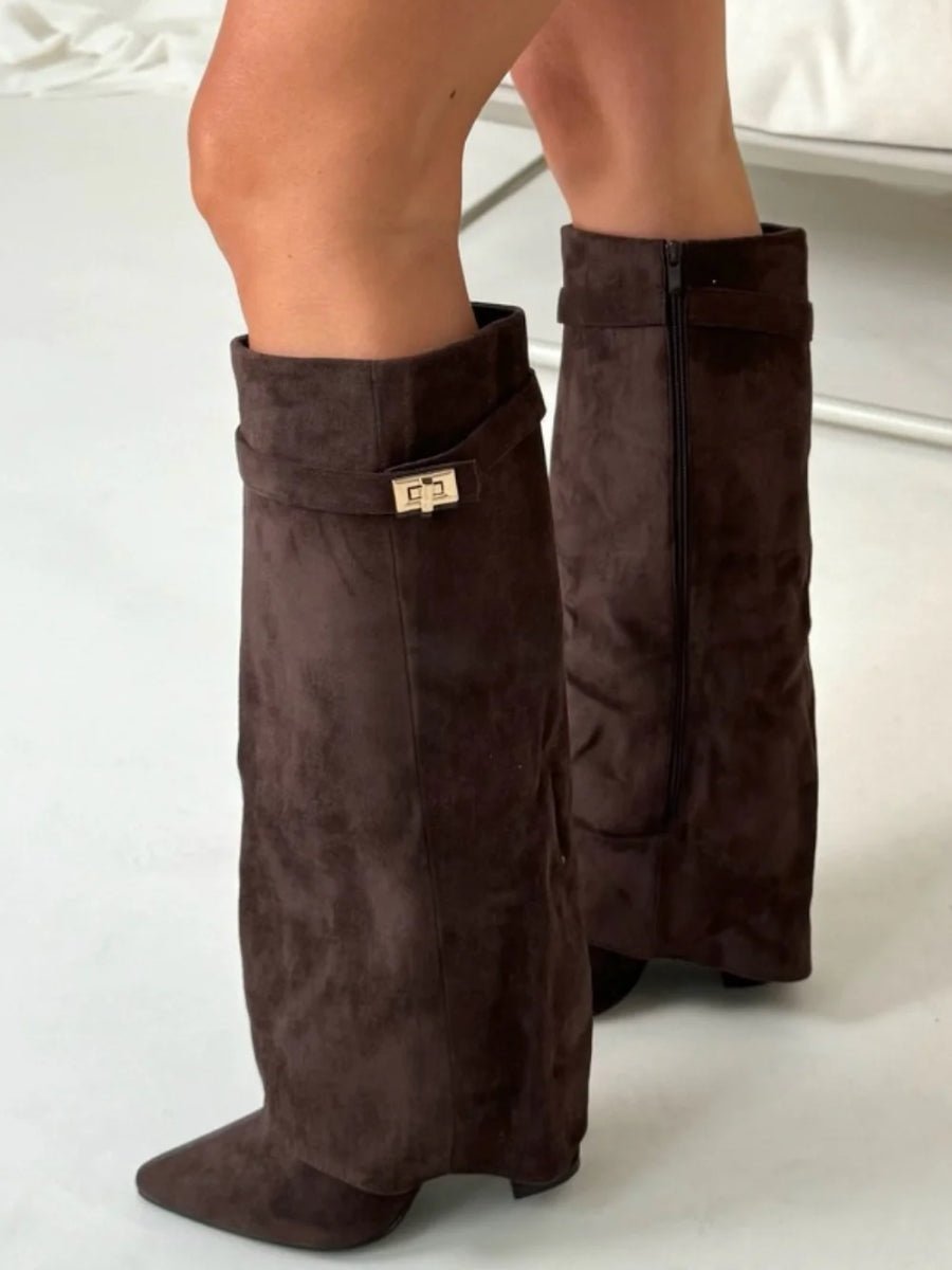 Women's Suede Fold-Over Knee-High Boots Gold Clasp
