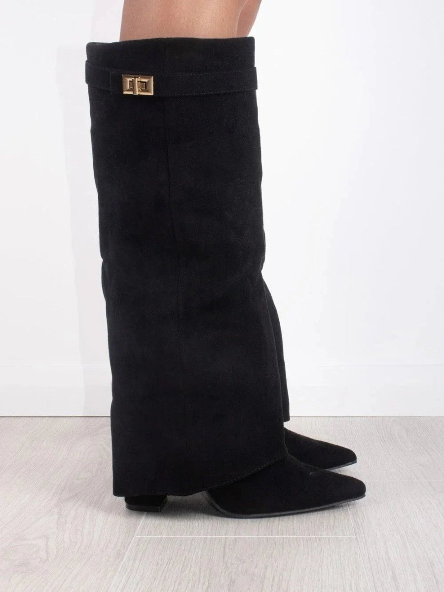 Women's Suede Fold-Over Knee-High Boots Gold Clasp