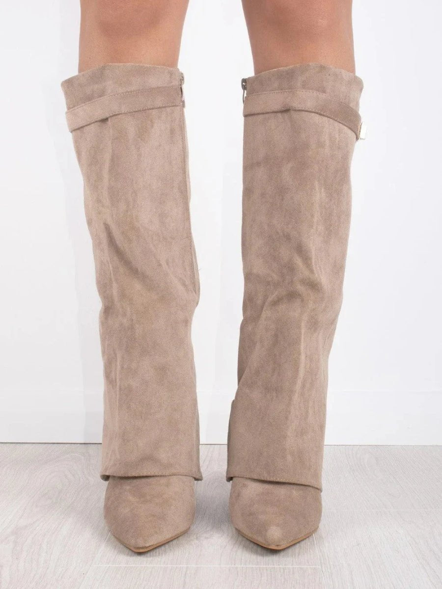 Women's Suede Fold-Over Knee-High Boots Gold Clasp