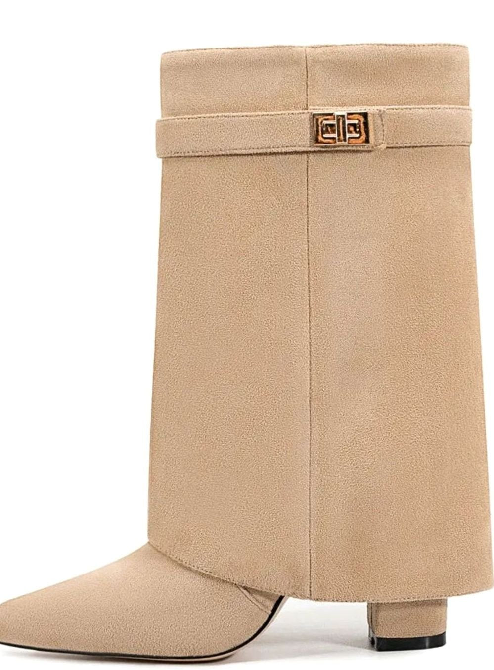 Women's Suede Fold-Over Cuff Mid-Calf Buckle Boots