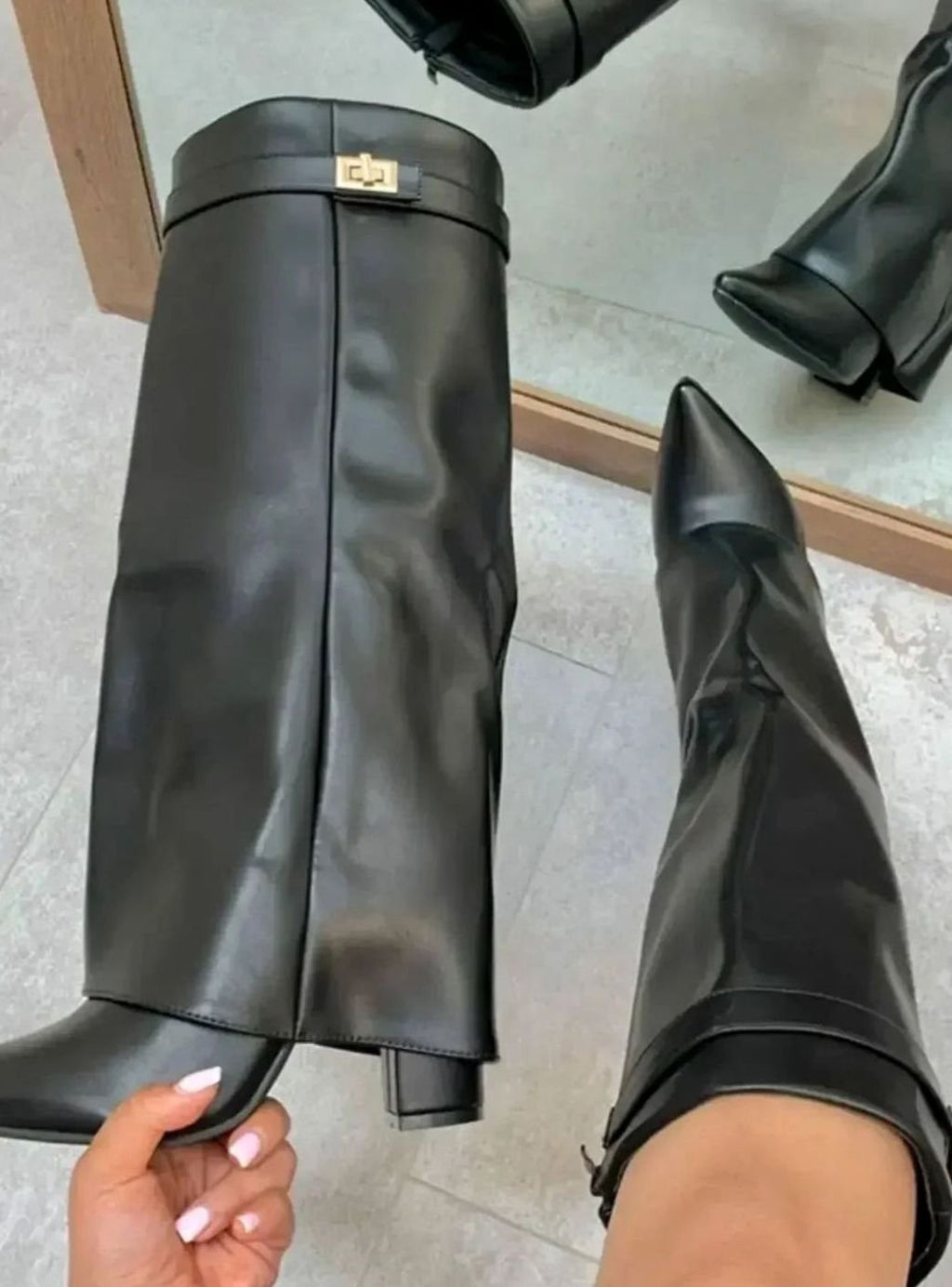 Women's Suede Fold-Over Cuff Knee-High Buckle Boots