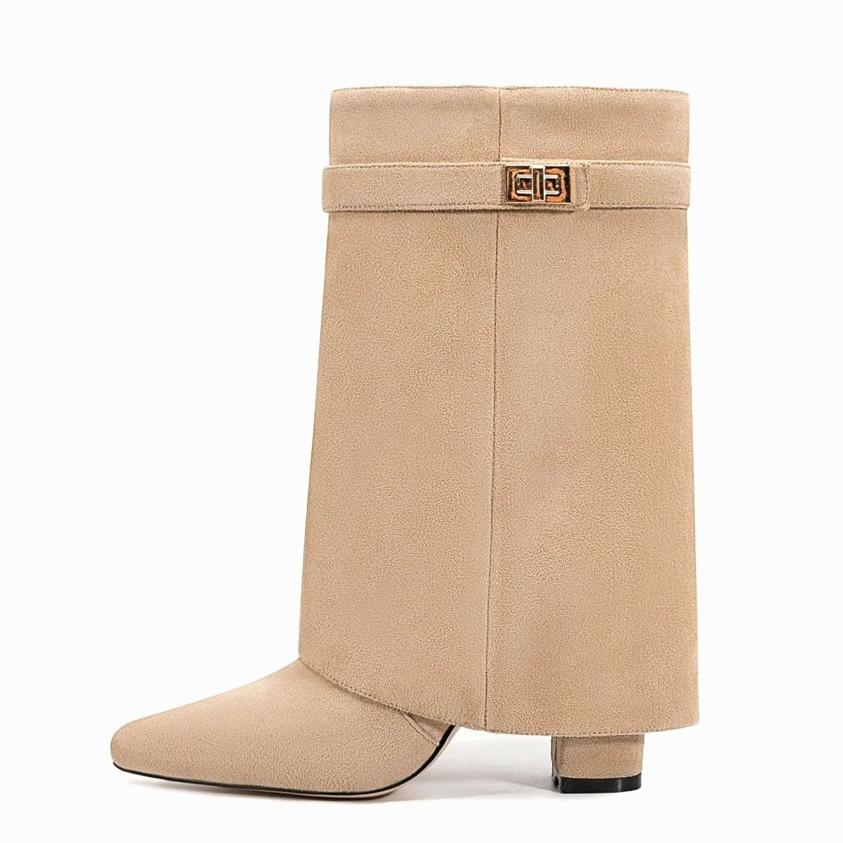 Women's Suede Fold-Over Cuff Mid-Calf Buckle Boots
