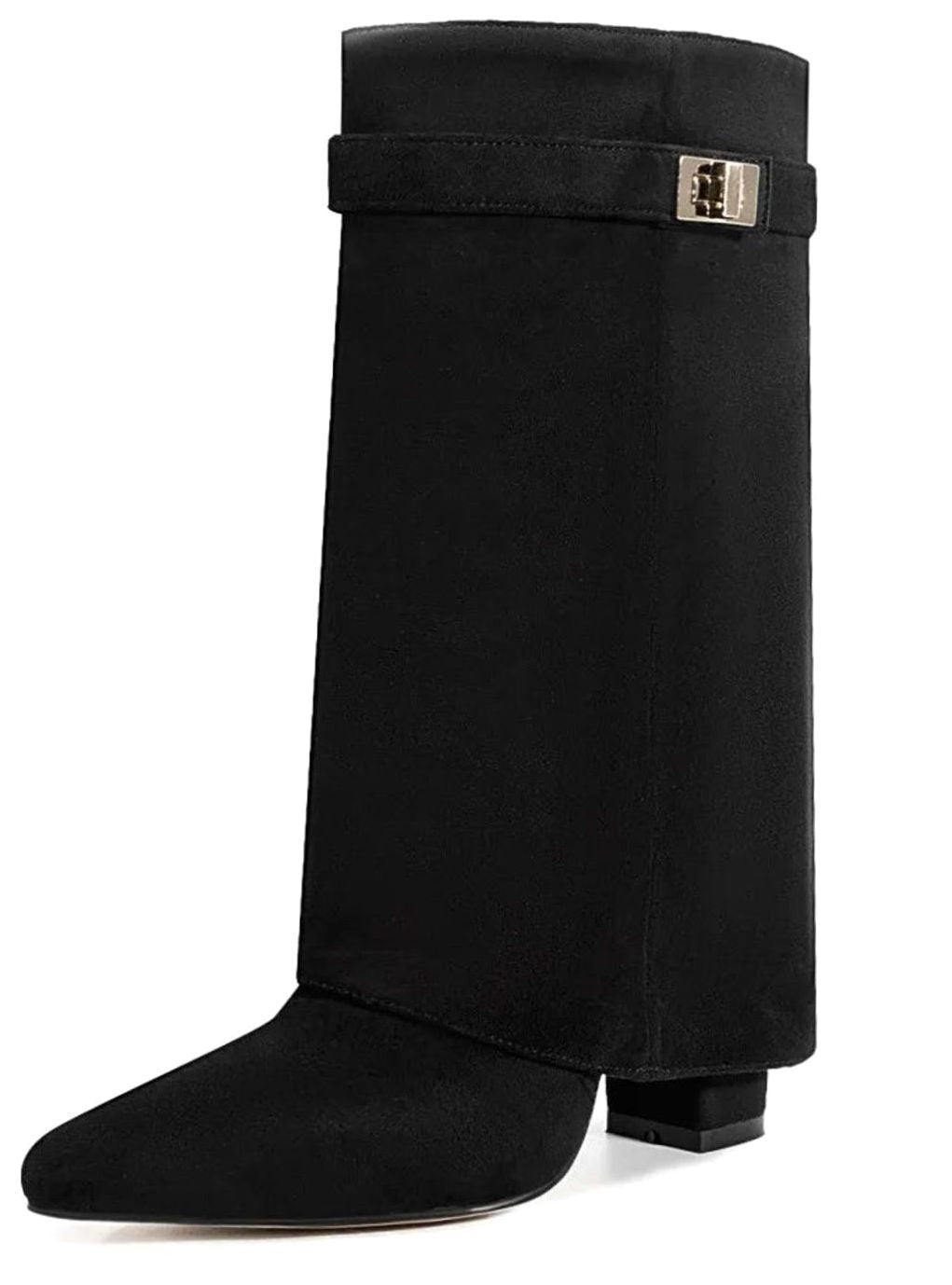 Women's Suede Fold-Over Cuff Mid-Calf Buckle Boots