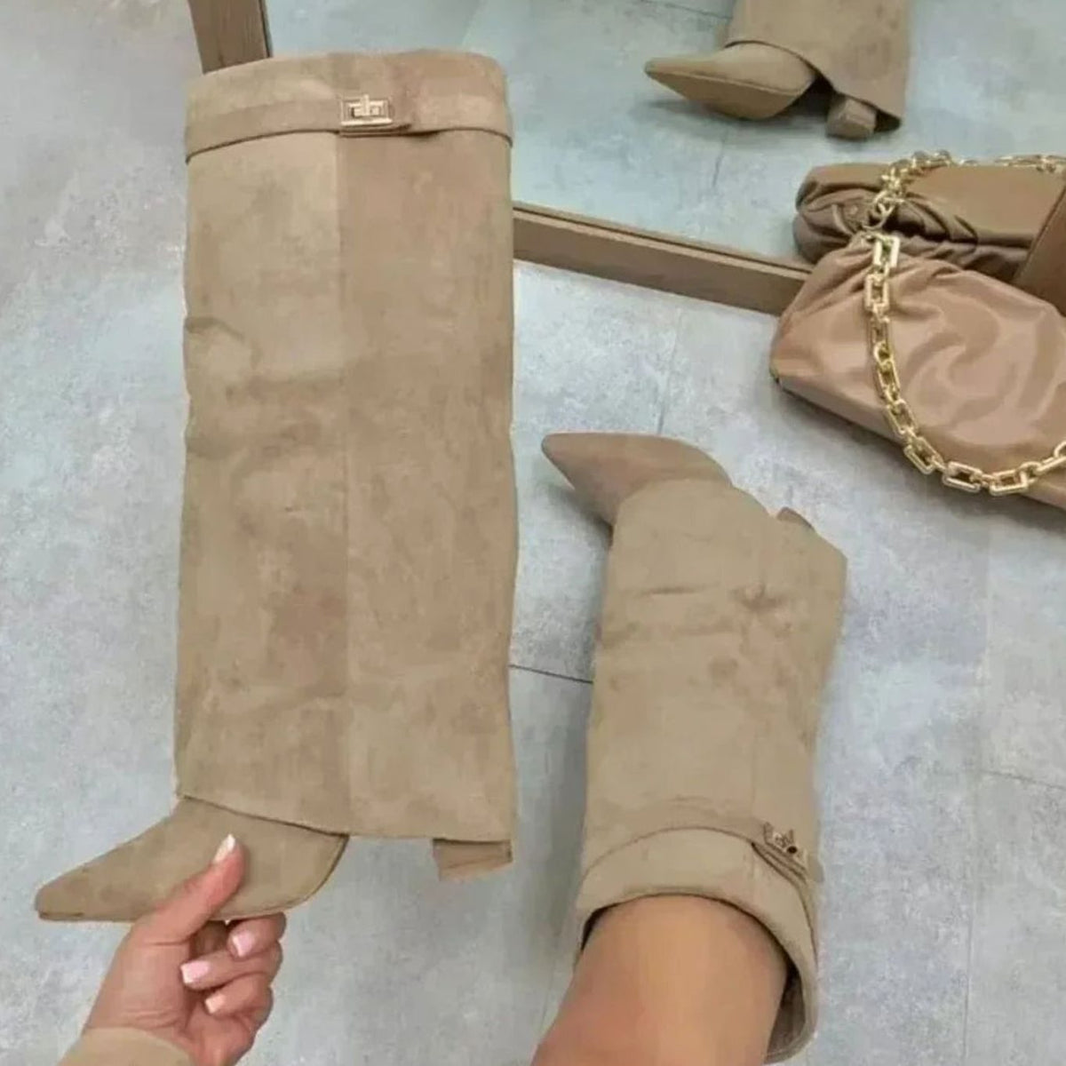 Women's Suede Fold-Over Cuff Knee-High Buckle Boots