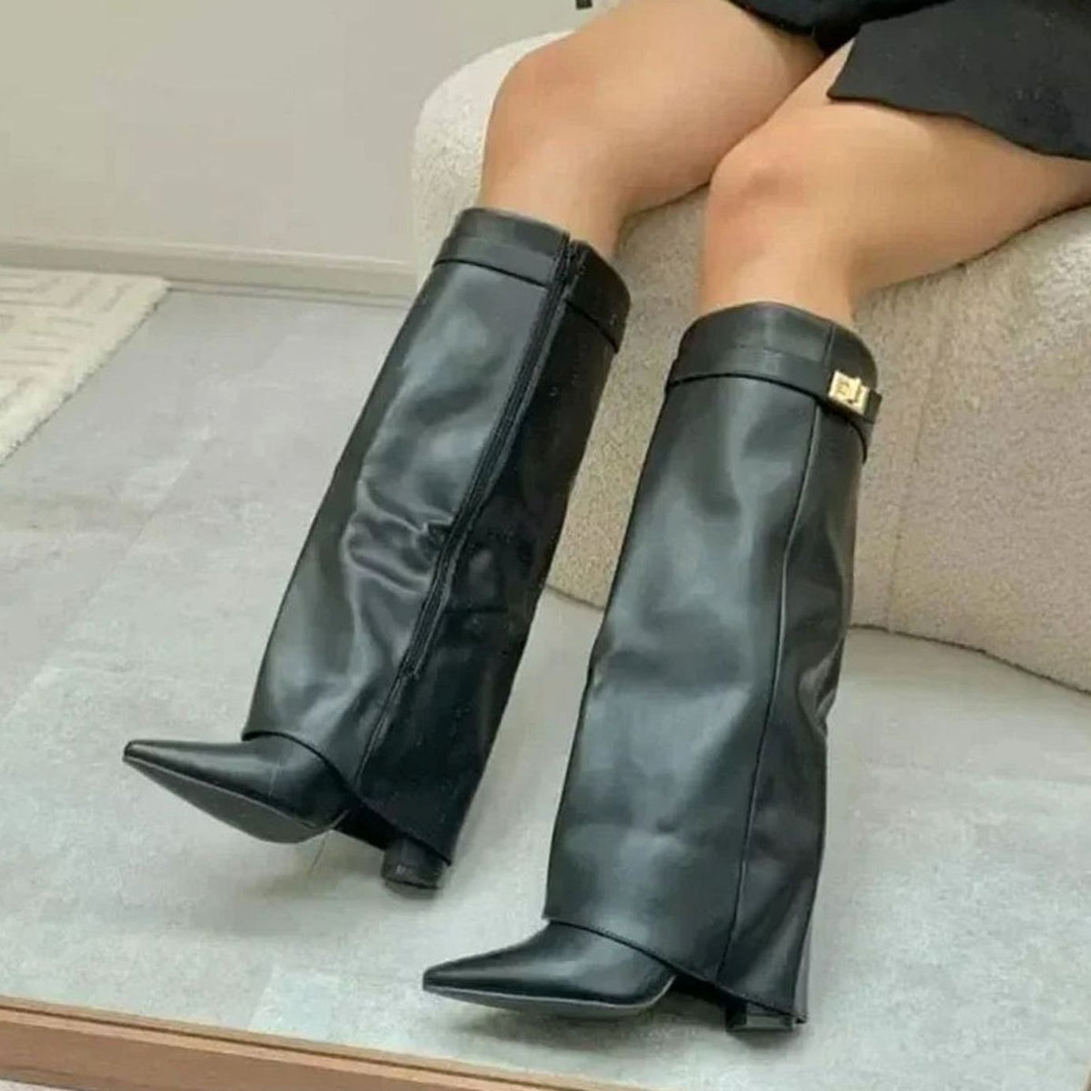 Women's Suede Fold-Over Cuff Knee-High Buckle Boots