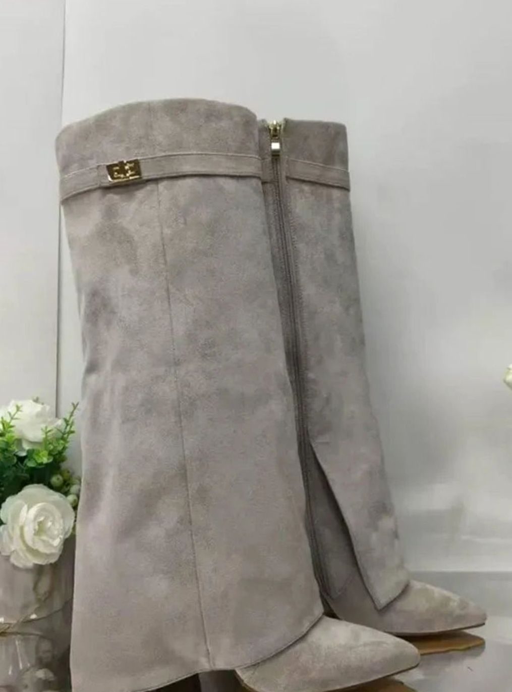 Women's Suede Fold-Over Cuff Knee-High Buckle Boots