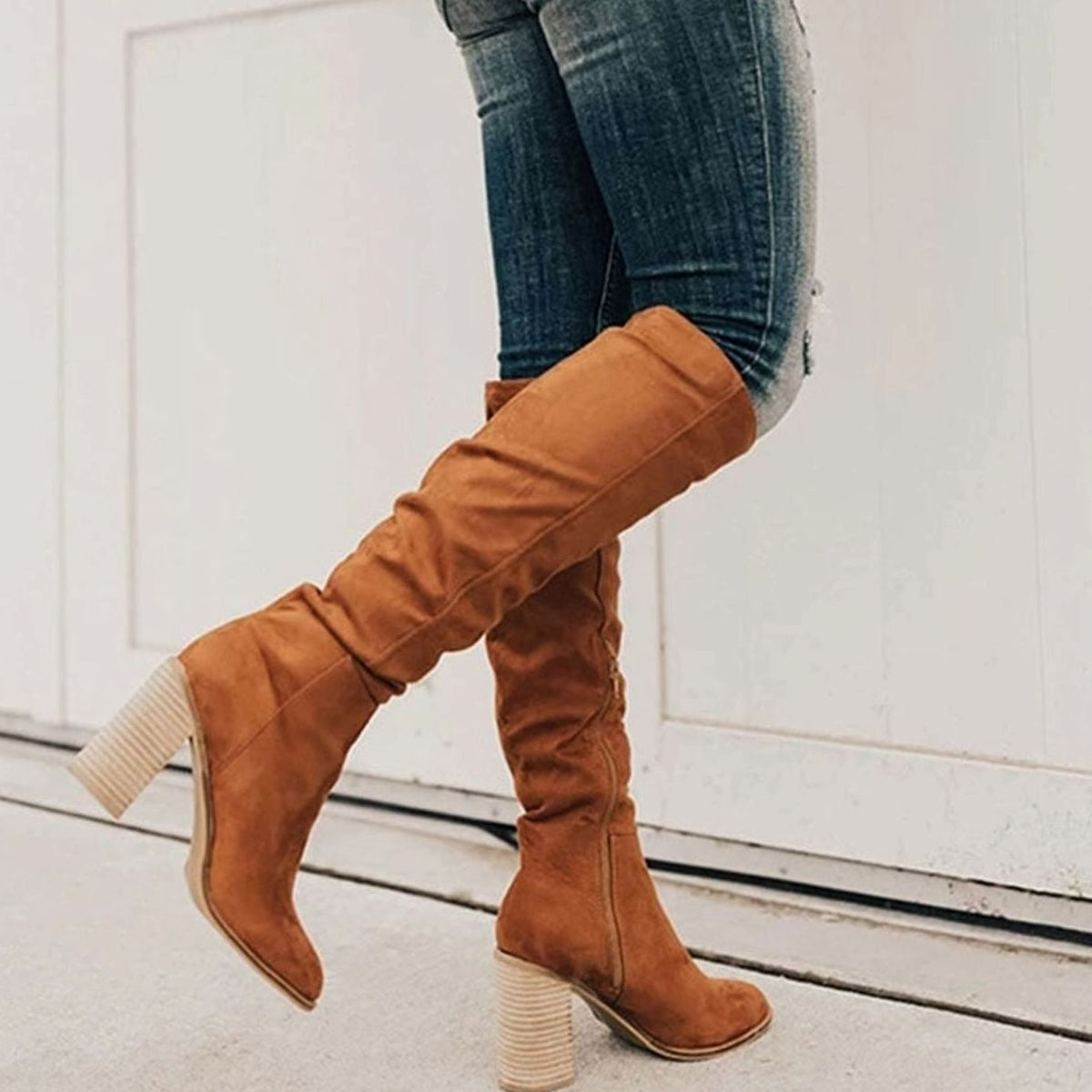 Women's Slouchy Suede Knee-High Block Heel Boots - Black