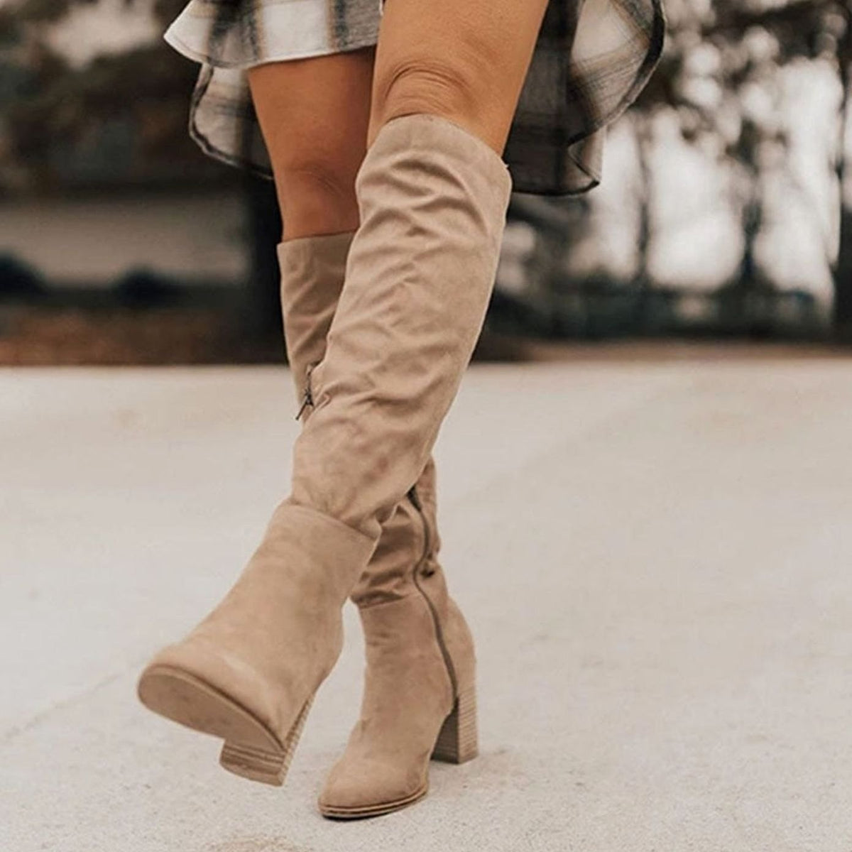 Women's Slouchy Suede Knee-High Block Heel Boots - Beige
