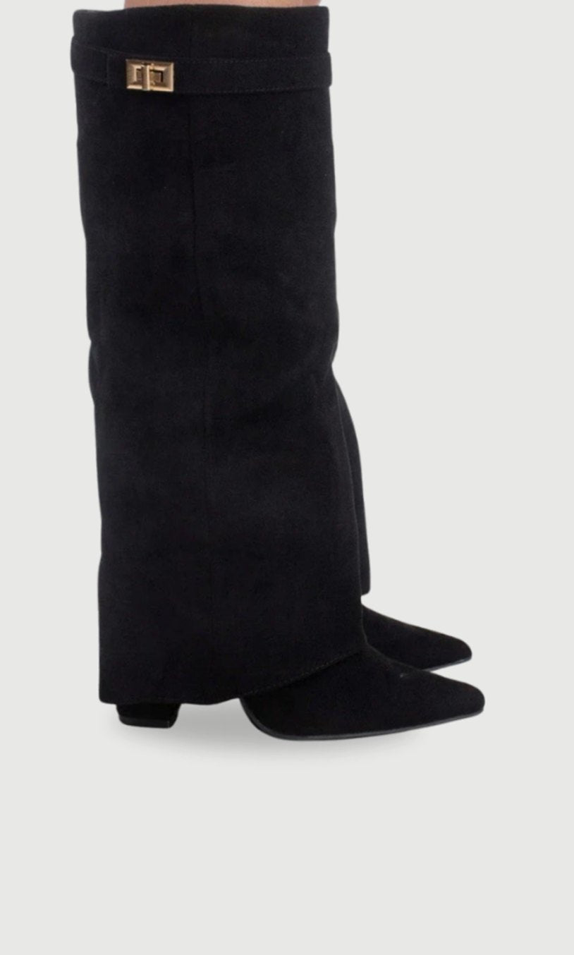 Women's Pointed-Toe Wedge Suede Tall Boots - Black Suede