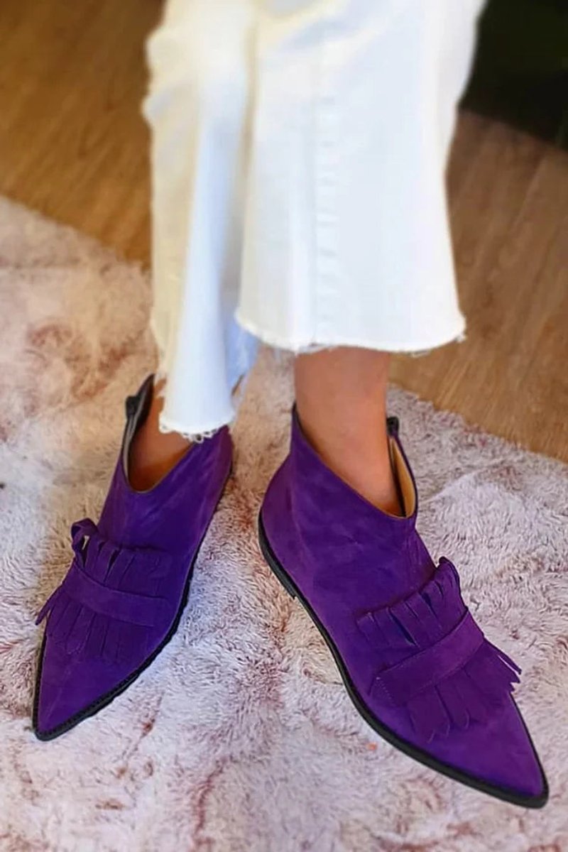 Women's Suede Pointed-Toe Fringe Flat Ankle Boots
