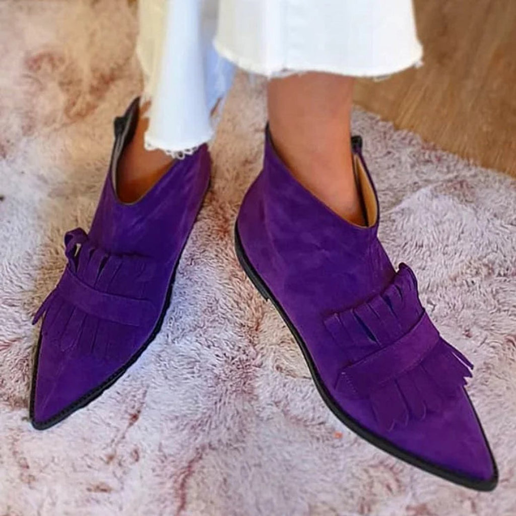 Women's Suede Pointed-Toe Fringe Flat Ankle Boots