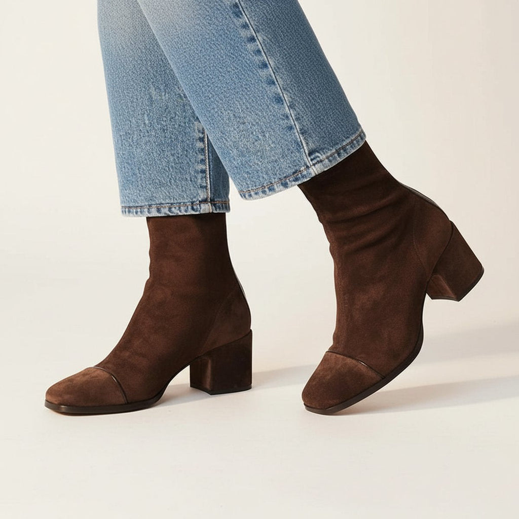 Women's Suede Square-Toe Block-Heel Ankle Boots