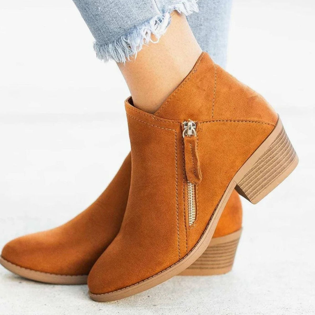 Women's Suede V-Cut Zip-Up Block Heel Ankle Boots - Bone