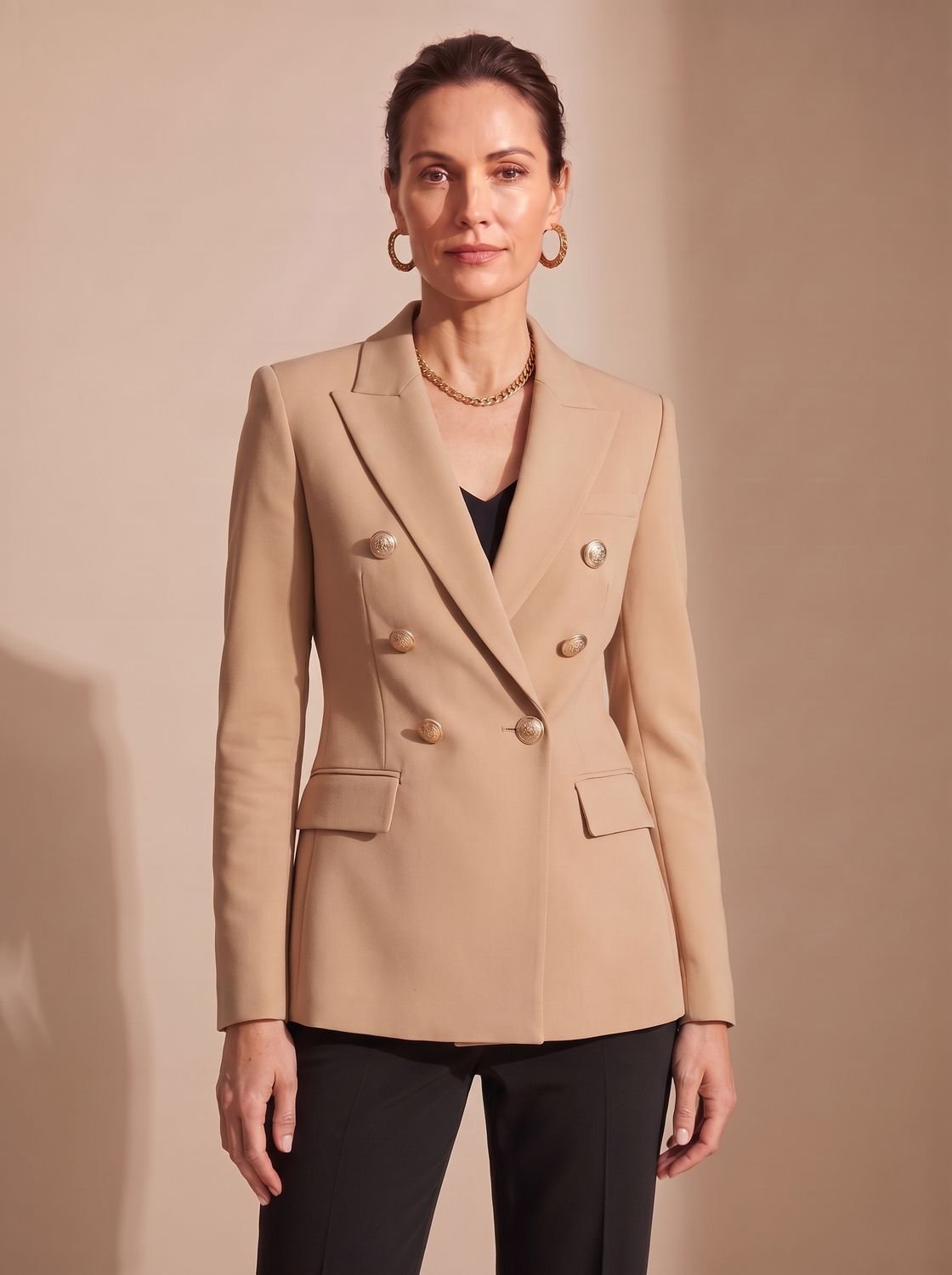 Women's Tailored Double-Breasted Blazer with Gold-Tone Buttons - Khaki
