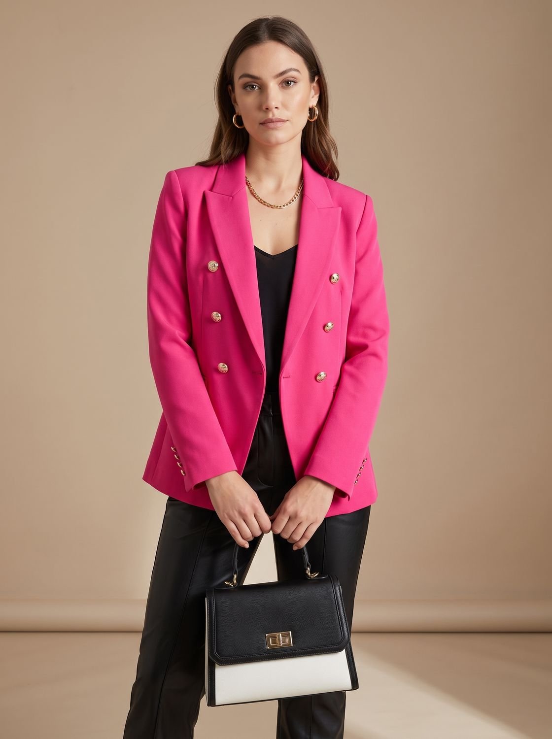 Women's Tailored Double-Breasted Blazer with Gold-Tone Buttons - Pink