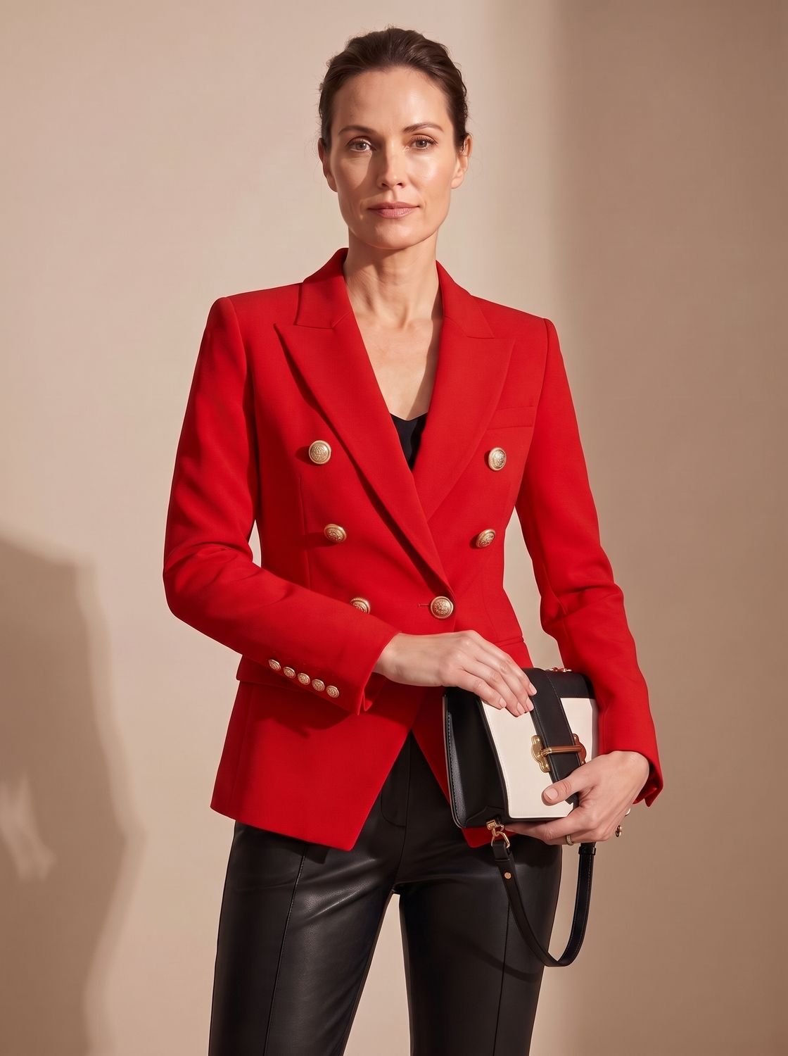 Women's Tailored Double-Breasted Blazer with Gold-Tone Buttons - Red