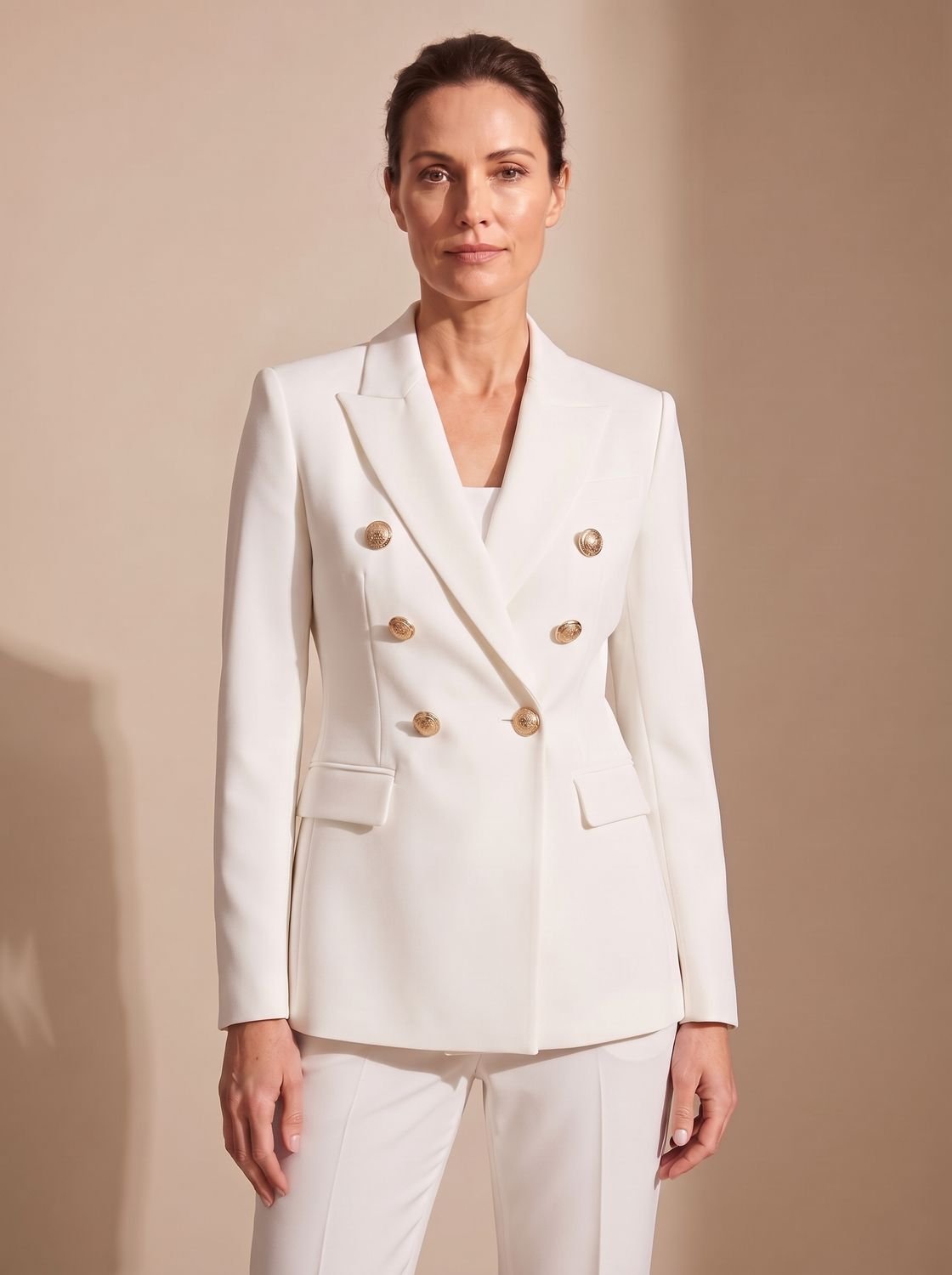 Women's Tailored Double-Breasted Blazer with Gold-Tone Buttons - White