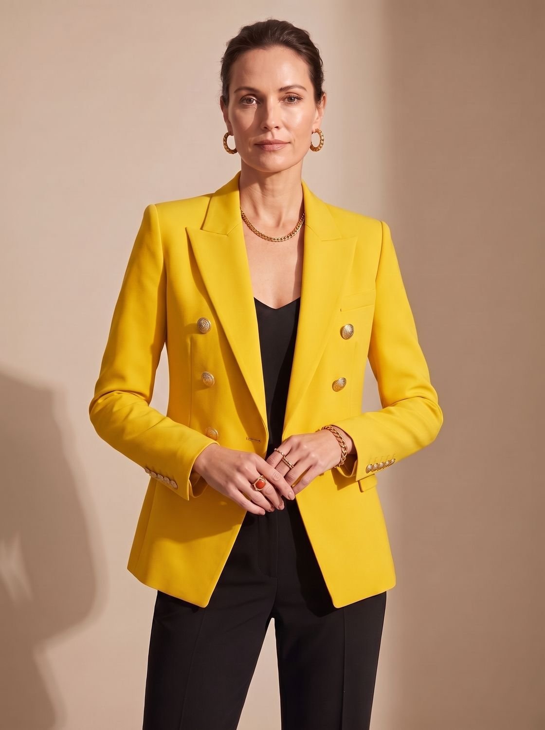 Women's Tailored Double-Breasted Blazer with Gold-Tone Buttons - Yellow