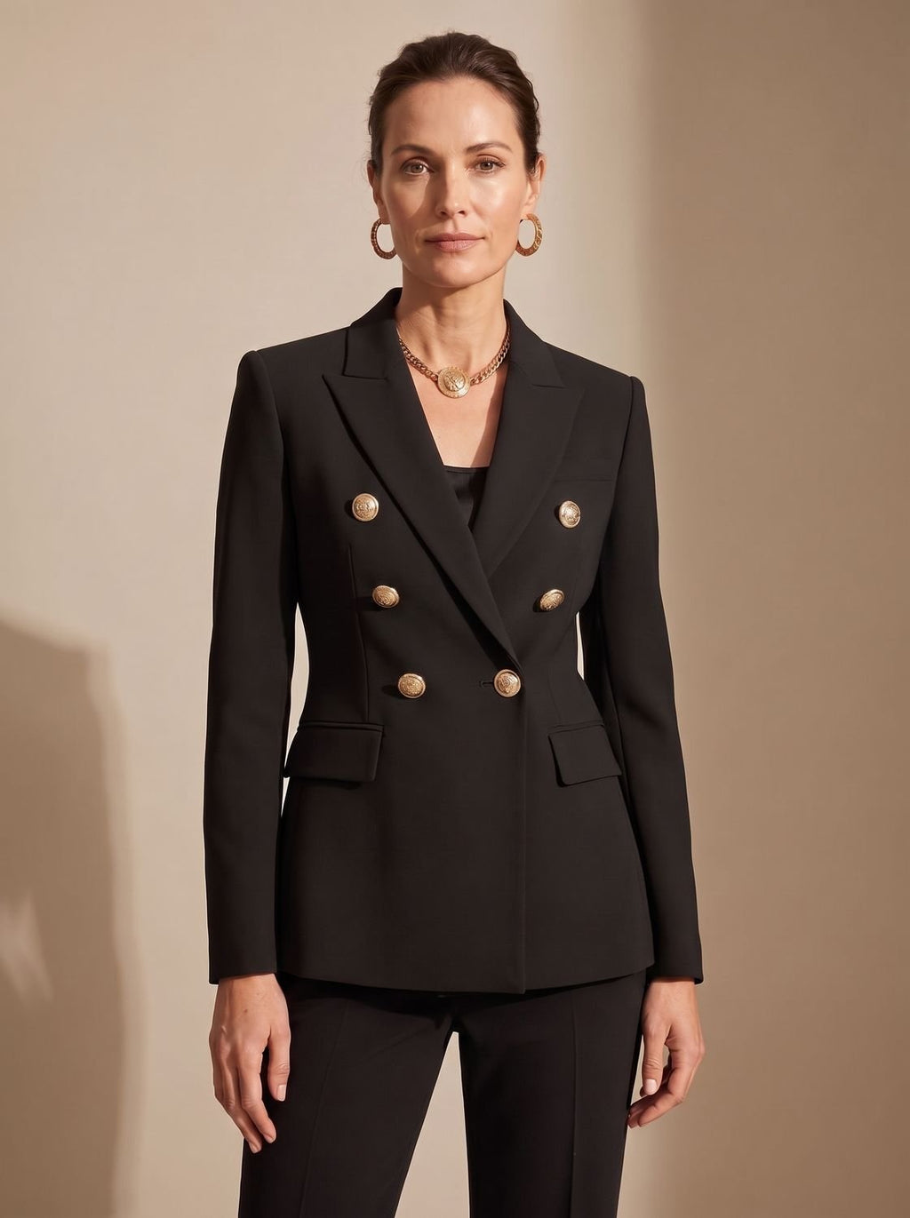 Women's Tailored Double-Breasted Blazer with Gold-Tone Buttons