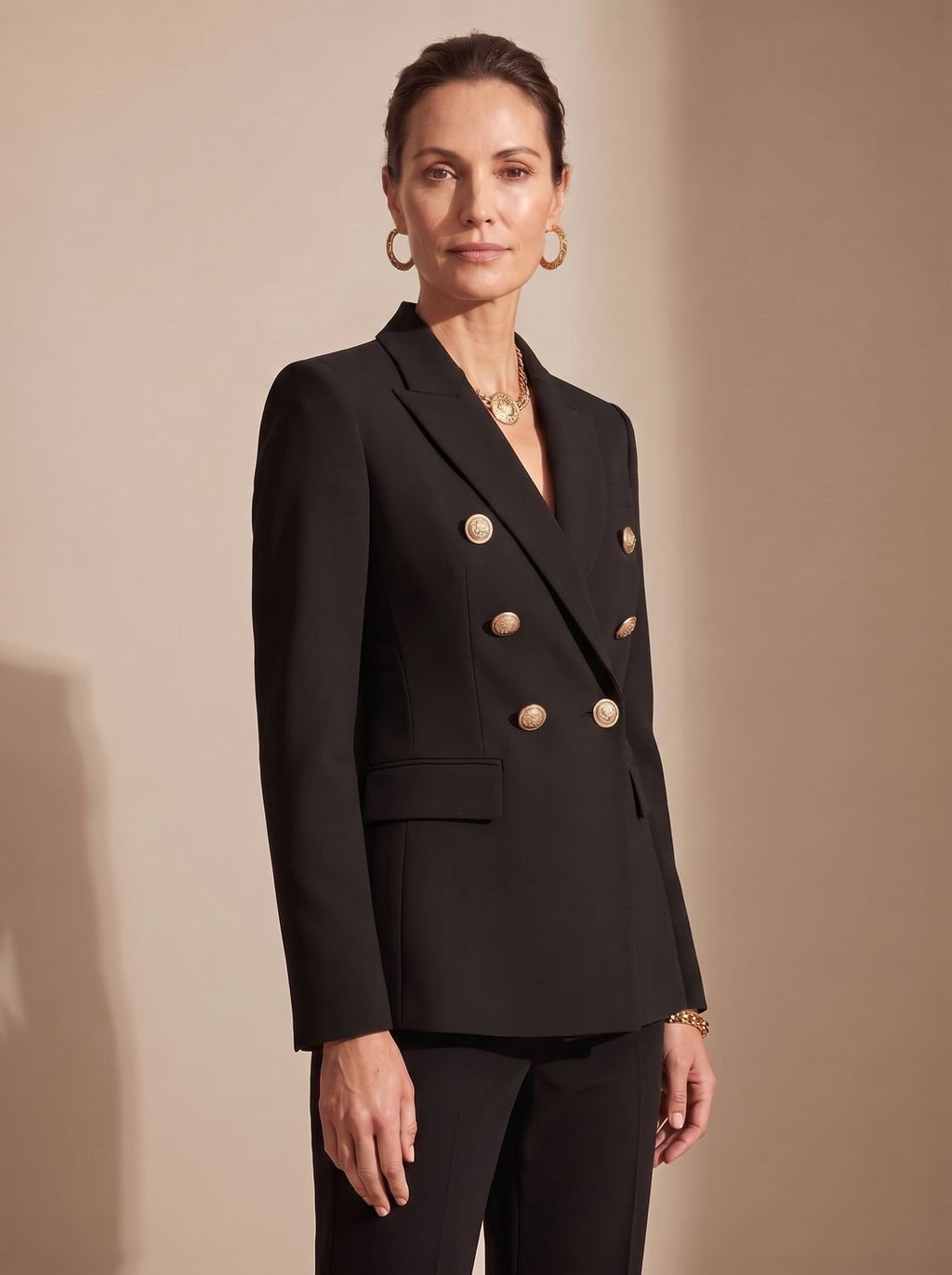 Women's Tailored Double-Breasted Blazer with Gold-Tone Buttons