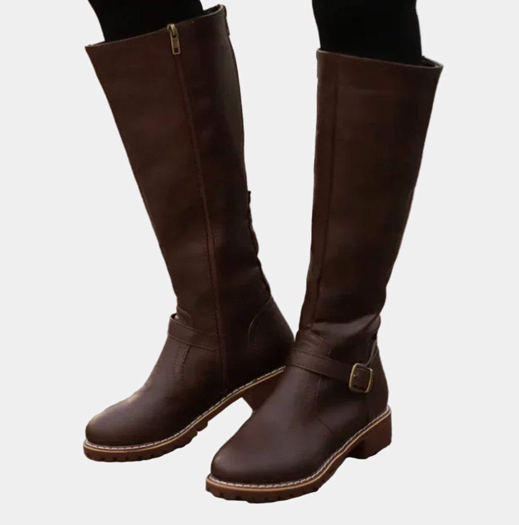 Women's Tall Riding Knee High Boots Buckle Strap Low Heel