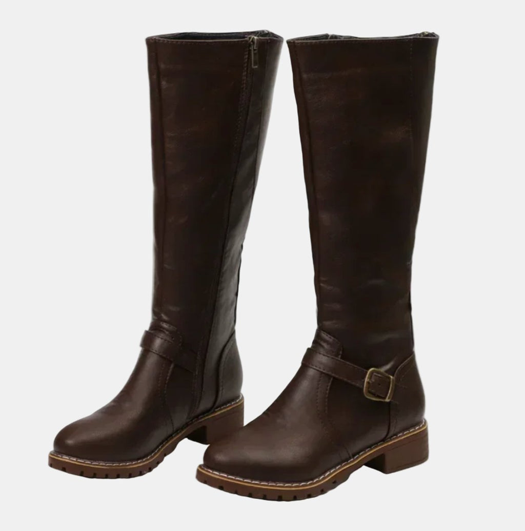 Women's Tall Riding Knee High Boots Buckle Strap Low Heel