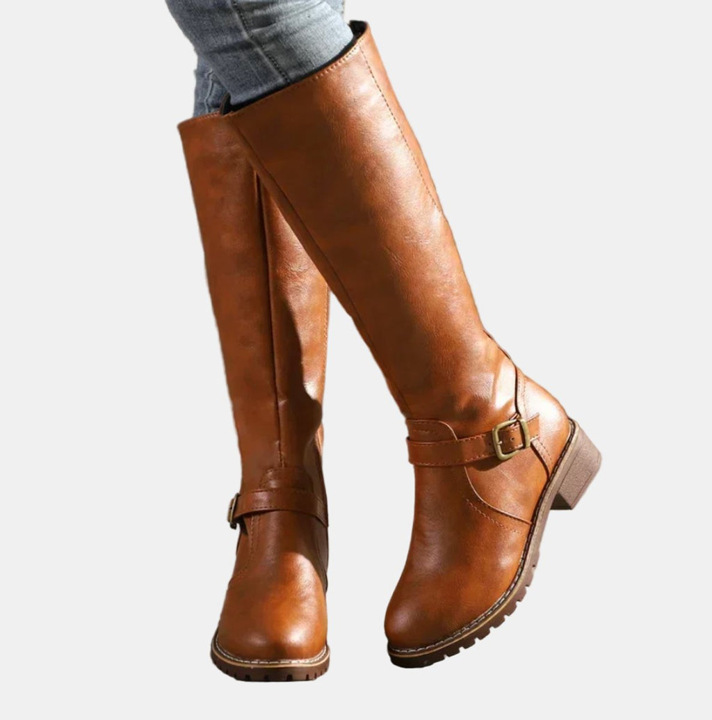 Women's Tall Riding Knee High Boots Buckle Strap Low Heel